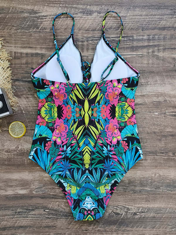 New deep V strappy one-piece swimsuit cashew flower print triangle one-piece swimsuit-chiquechics