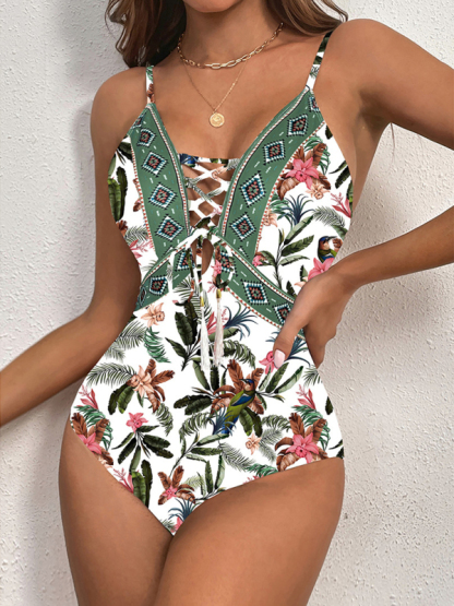 New deep V strappy one-piece swimsuit cashew flower print triangle one-piece swimsuit-chiquechics