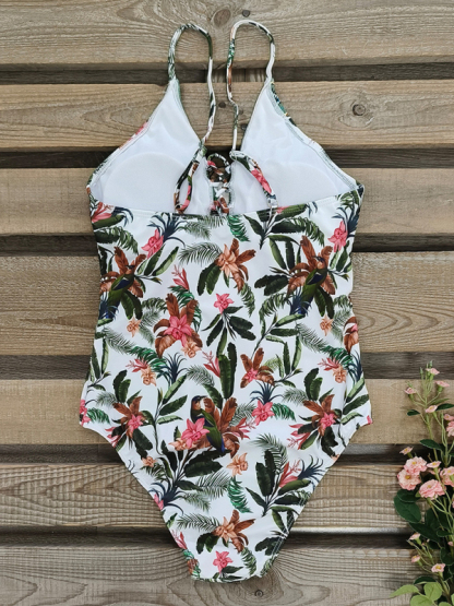 New deep V strappy one-piece swimsuit cashew flower print triangle one-piece swimsuit-chiquechics