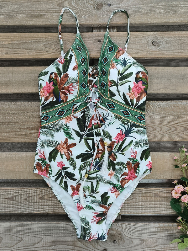 New deep V strappy one-piece swimsuit cashew flower print triangle one-piece swimsuit-chiquechics