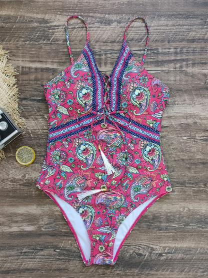 New deep V strappy one-piece swimsuit cashew flower print triangle one-piece swimsuit-chiquechics