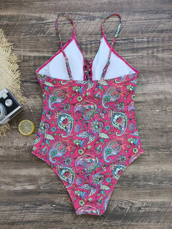 New deep V strappy one-piece swimsuit cashew flower print triangle one-piece swimsuit-chiquechics