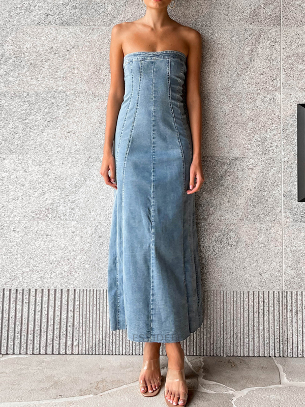 Women's sexy hottie denim tube top dress tight slimming slit long skirt-chiquechics