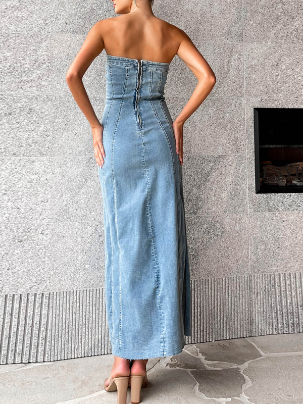 Women's sexy hottie denim tube top dress tight slimming slit long skirt-chiquechics