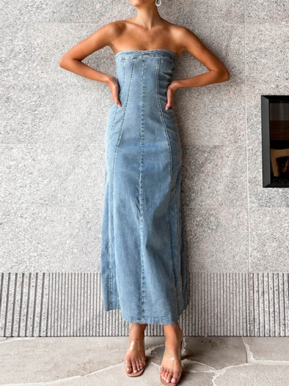 Women's sexy hottie denim tube top dress tight slimming slit long skirt-chiquechics