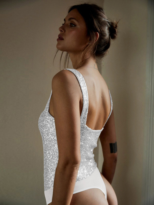 Women's beaded suspender slim fit bodysuit-chiquechics