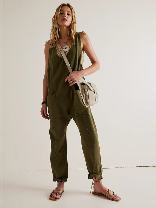 New washed denim V-neck jumpsuit adjustable overalls-chiquechics