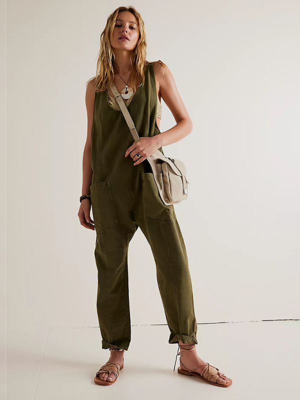 New washed denim V-neck jumpsuit adjustable overalls-chiquechics