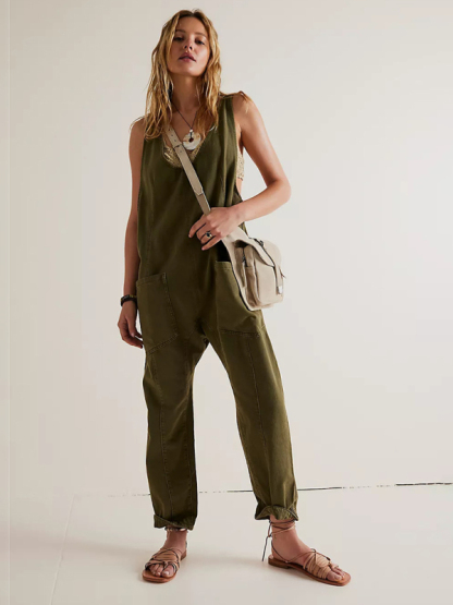 New washed denim V-neck jumpsuit adjustable overalls-chiquechics