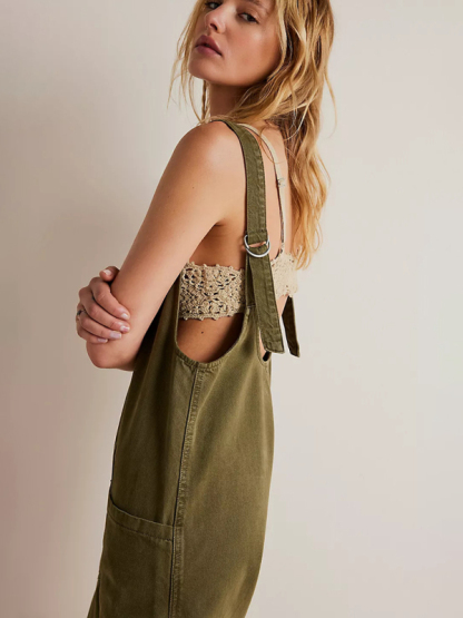New washed denim V-neck jumpsuit adjustable overalls-chiquechics
