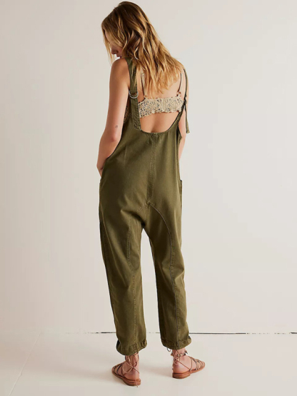 New washed denim V-neck jumpsuit adjustable overalls-chiquechics