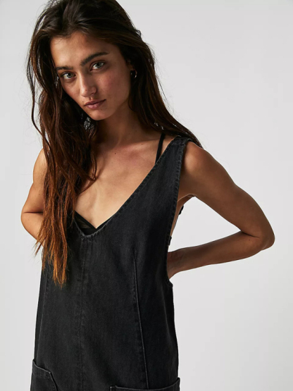 New washed denim V-neck jumpsuit adjustable overalls-chiquechics