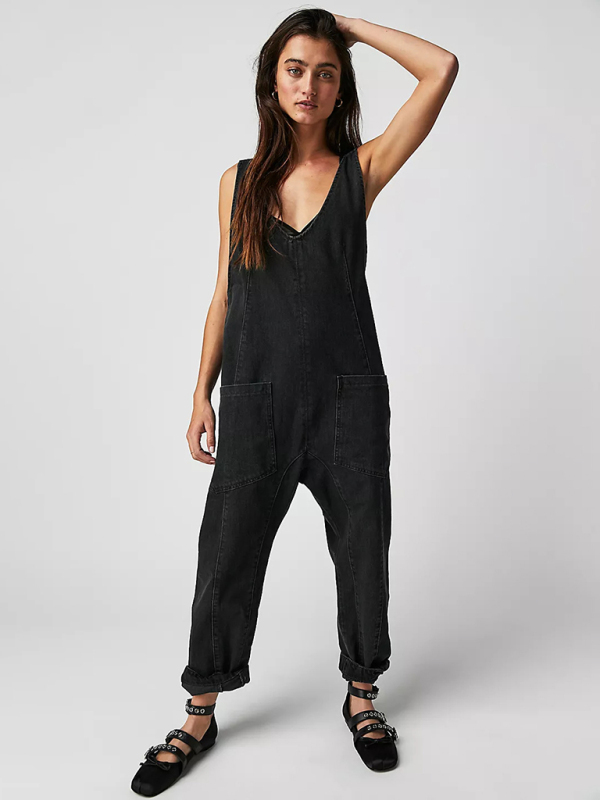 New washed denim V-neck jumpsuit adjustable overalls-chiquechics