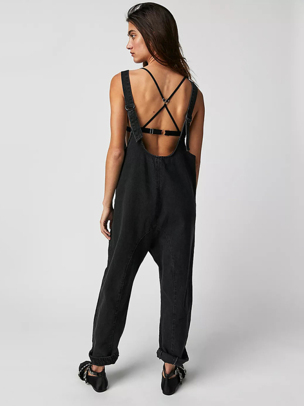 New washed denim V-neck jumpsuit adjustable overalls-chiquechics