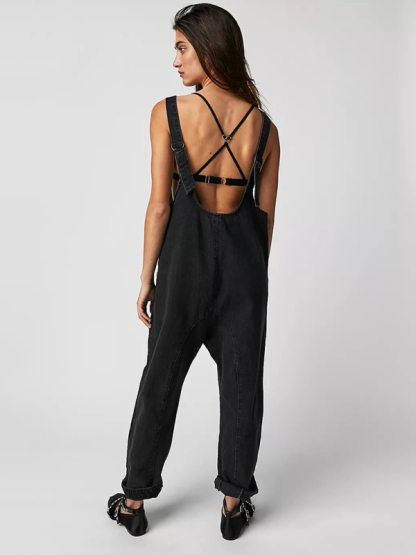 New washed denim V-neck jumpsuit adjustable overalls-chiquechics