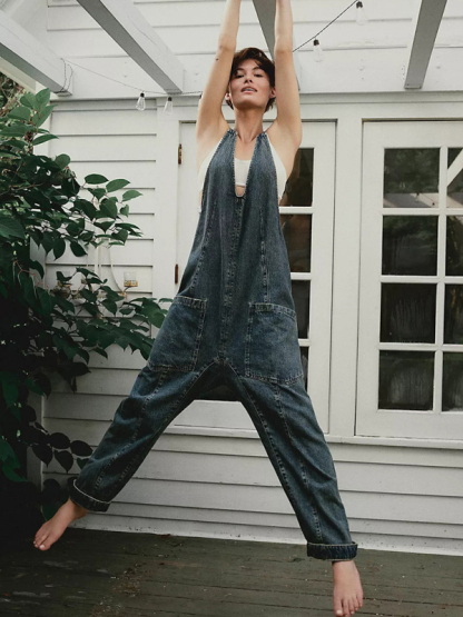 New washed denim V-neck jumpsuit adjustable overalls-chiquechics