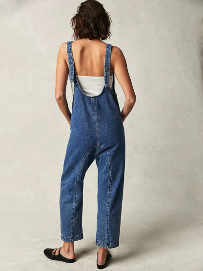 New washed denim V-neck jumpsuit adjustable overalls-chiquechics
