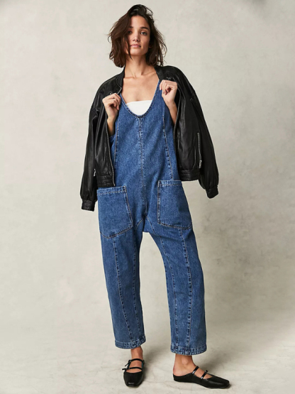 New washed denim V-neck jumpsuit adjustable overalls-chiquechics