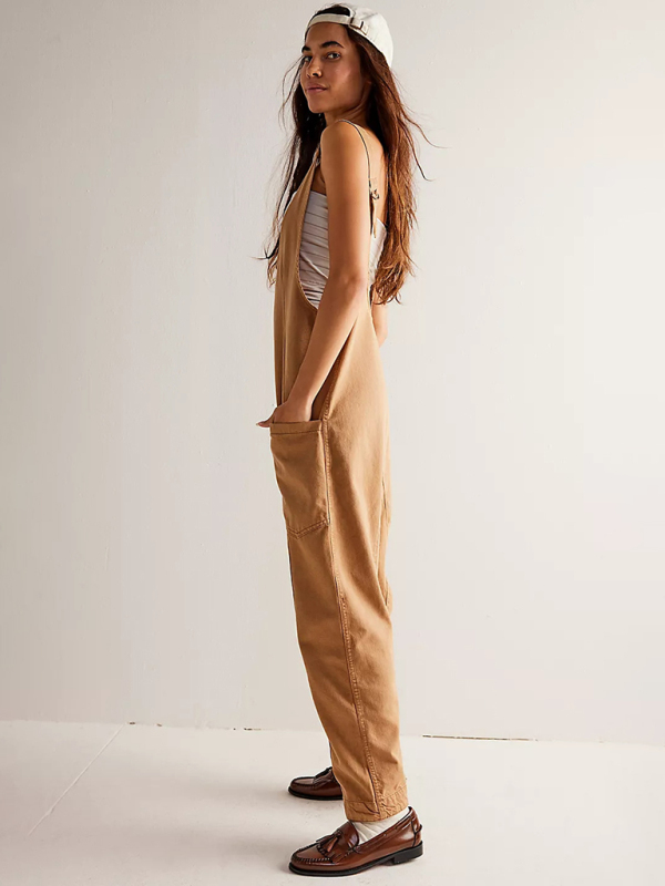 New washed denim V-neck jumpsuit adjustable overalls-chiquechics