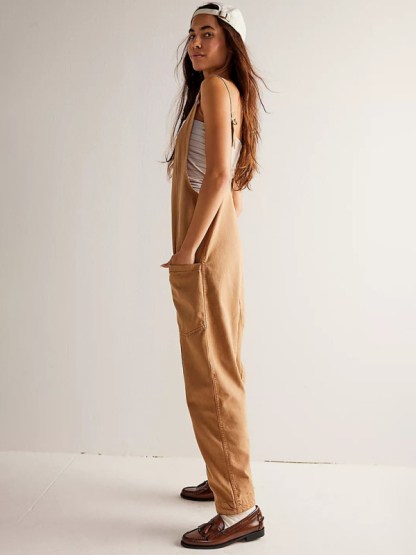 New washed denim V-neck jumpsuit adjustable overalls-chiquechics