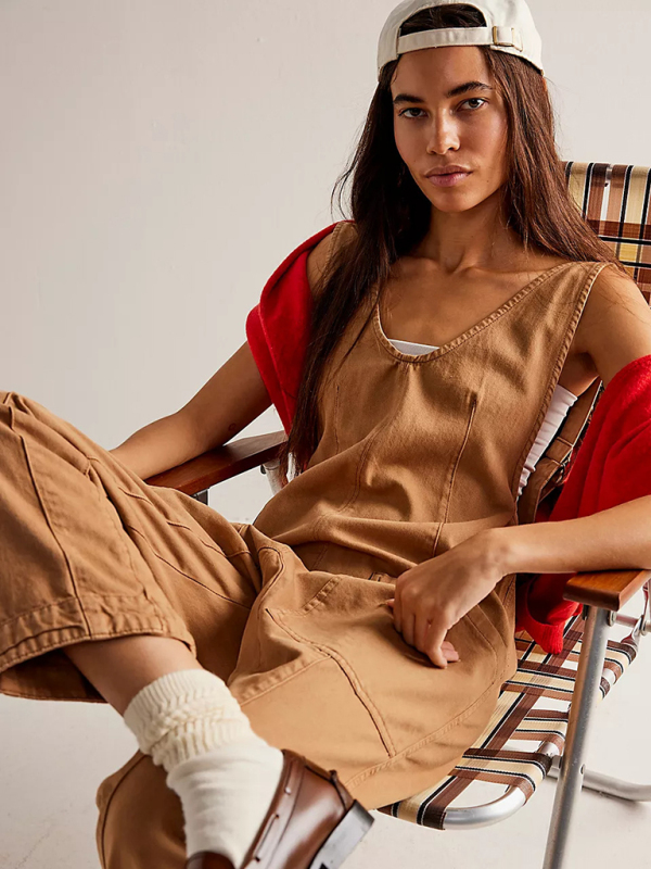 New washed denim V-neck jumpsuit adjustable overalls-chiquechics