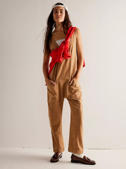 New washed denim V-neck jumpsuit adjustable overalls-chiquechics