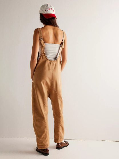 New washed denim V-neck jumpsuit adjustable overalls-chiquechics