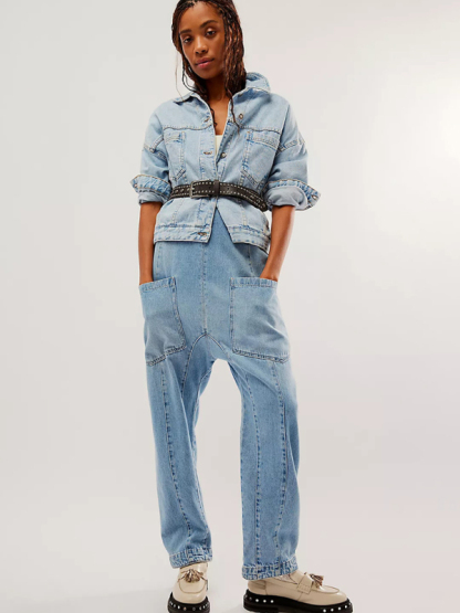 New washed denim V-neck jumpsuit adjustable overalls-chiquechics