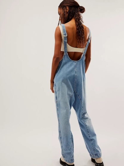 New washed denim V-neck jumpsuit adjustable overalls-chiquechics