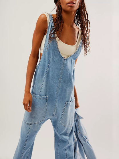 New washed denim V-neck jumpsuit adjustable overalls-chiquechics