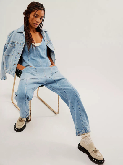 New washed denim V-neck jumpsuit adjustable overalls-chiquechics