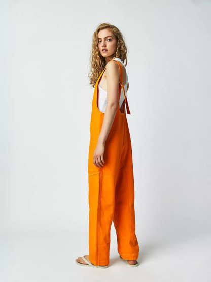 New washed denim V-neck jumpsuit adjustable overalls-chiquechics