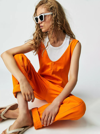 New washed denim V-neck jumpsuit adjustable overalls-chiquechics