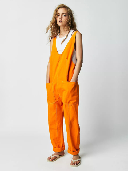 New washed denim V-neck jumpsuit adjustable overalls-chiquechics