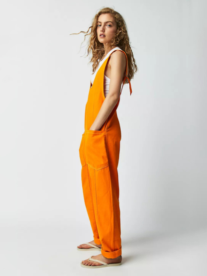 New washed denim V-neck jumpsuit adjustable overalls-chiquechics