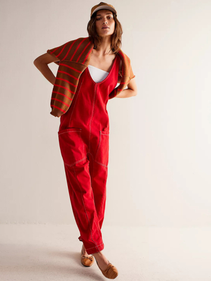 New washed denim V-neck jumpsuit adjustable overalls-chiquechics
