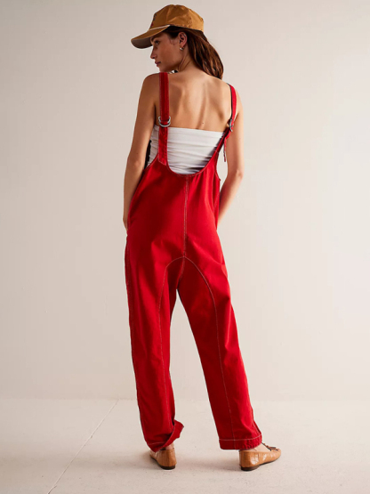 New washed denim V-neck jumpsuit adjustable overalls-chiquechics