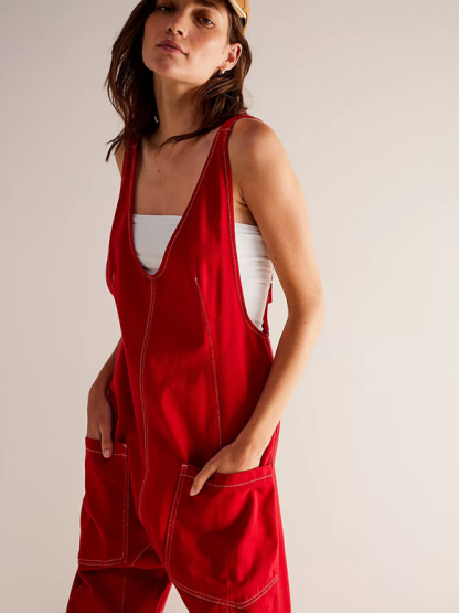 New washed denim V-neck jumpsuit adjustable overalls-chiquechics