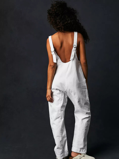 New washed denim V-neck jumpsuit adjustable overalls-chiquechics