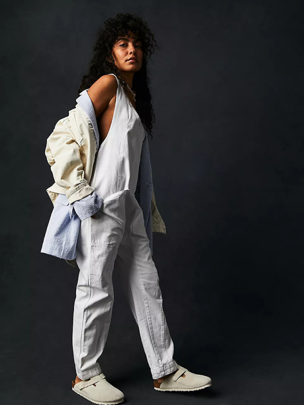 New washed denim V-neck jumpsuit adjustable overalls-chiquechics