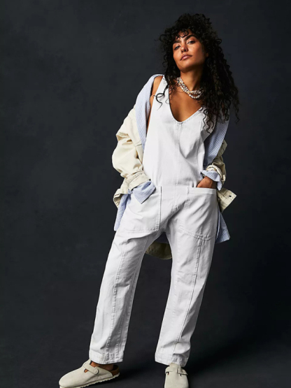 New washed denim V-neck jumpsuit adjustable overalls-chiquechics