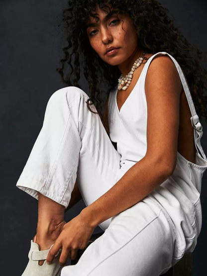 New washed denim V-neck jumpsuit adjustable overalls-chiquechics