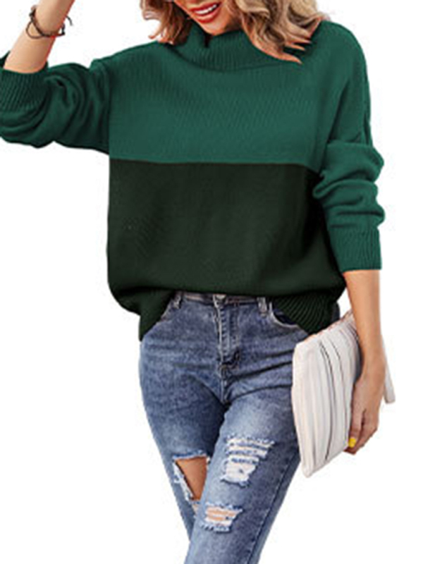 Women's new trendy contrasting color turtleneck pullover sweater-chiquechics