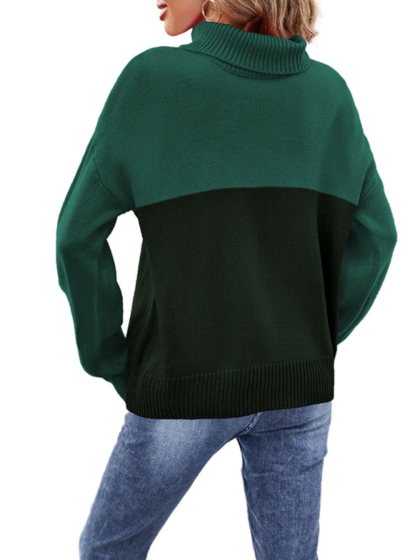 Women's new trendy contrasting color turtleneck pullover sweater-chiquechics