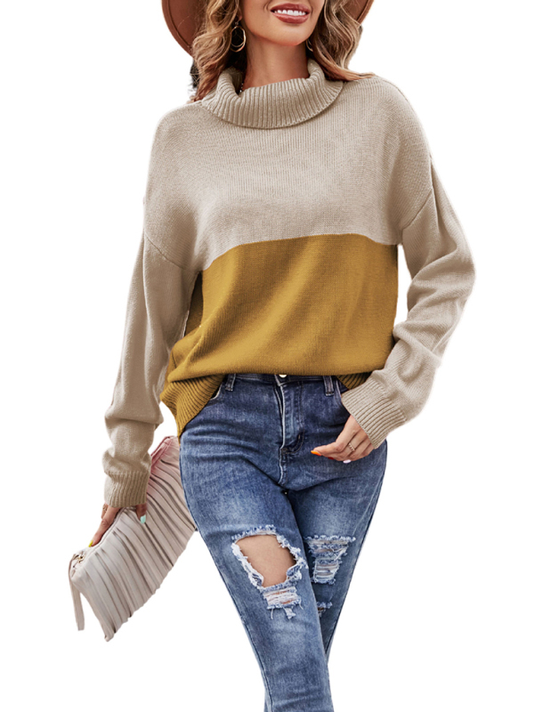 Women's new trendy contrasting color turtleneck pullover sweater-chiquechics