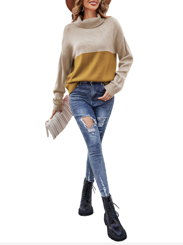 Women's new trendy contrasting color turtleneck pullover sweater-chiquechics