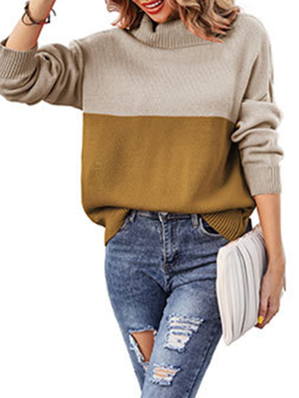 Women's new trendy contrasting color turtleneck pullover sweater-chiquechics