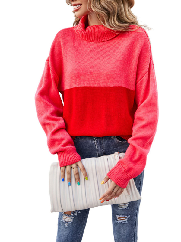 Women's new trendy contrasting color turtleneck pullover sweater-chiquechics