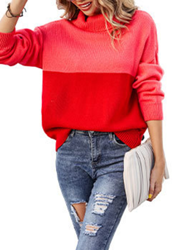 Women's new trendy contrasting color turtleneck pullover sweater-chiquechics