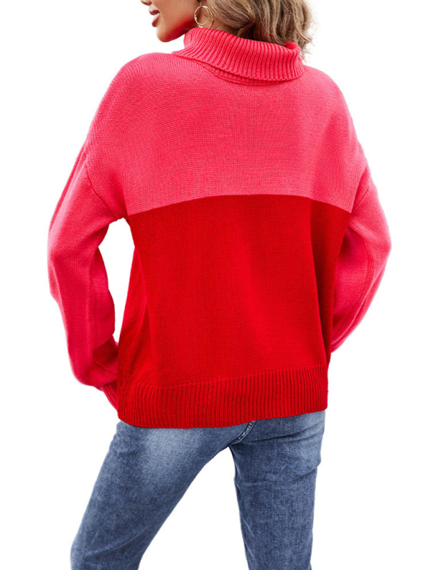 Women's new trendy contrasting color turtleneck pullover sweater-chiquechics